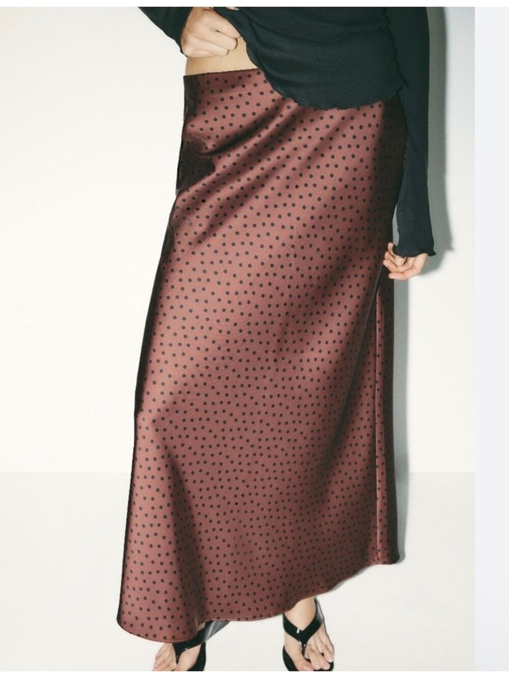 Zara Midi skirt Satin Brown Black Polka Dot Print Size Medium Parisian Feminine